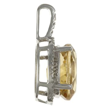 10k White Gold Oval Citrine and Diamond Halo Pendant With Chain