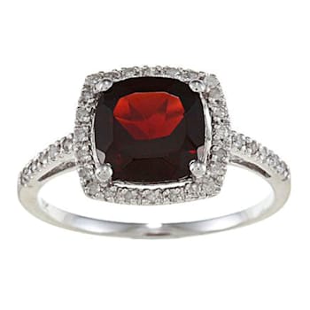 10k White Gold Cushion Garnet and Diamond Halo Ring