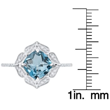 10k White Gold Vintage Style Cushion Blue Topaz and Diamond Ring