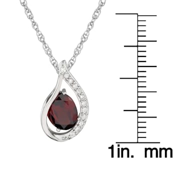 10k White Gold Genuine Oval Garnet and Diamond Halo Drop Pendant With Chain