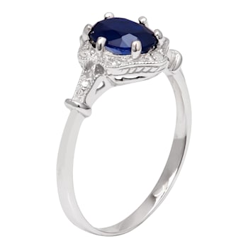 10k White Gold Vintage Style Genuine Oval Sapphire and Diamond Halo Ring