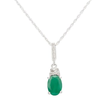10k White Gold Oval Emerald and Diamond Pendant With Chain