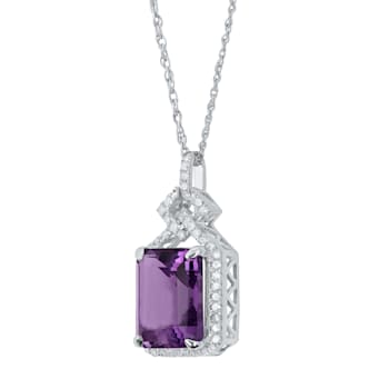 10k White Gold Emerald-cut Amethyst and Diamond Halo Pendant With Chain