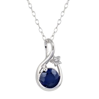 10k White Gold Genuine Round Sapphire Pendant With Chain