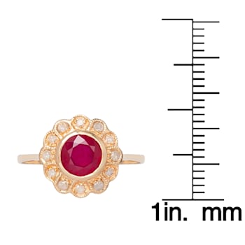 10k Yellow Gold Vintage Style Genuine Round Ruby and Diamond Halo Ring