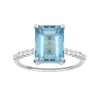 10k White Gold Emerald-Cut Blue Topaz and White Topaz Ring