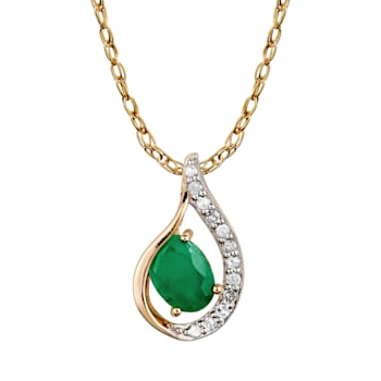 10k Yellow Gold Genuine Oval Emerald and Diamond Halo Drop Pendant With Chain