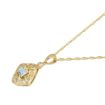 10k Yellow Gold Vintage Style Blue Topaz and Diamond Pendant With Chain