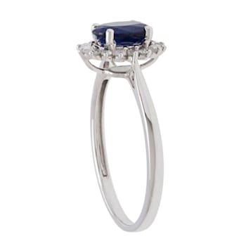 10k White Gold Oval Sapphire and Halo Diamond Ring