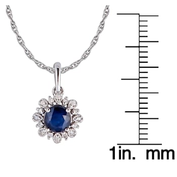 10k White Gold Genuine Round Sapphire and Diamond Vintage Style Halo
Pendant With Chain