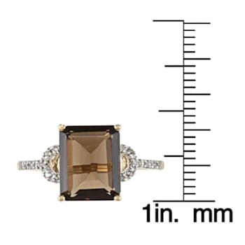 10k Yellow Gold Emerald-Shape Smoky Quartz and Diamond Ring