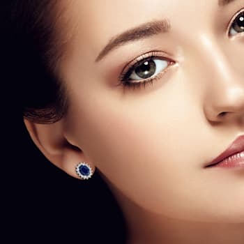 10K White Gold Sapphire and Diamond Halo Earrings