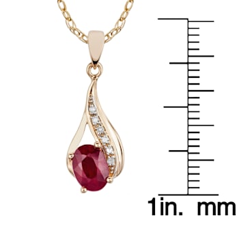 10k Yellow Gold Genuine Oval Ruby and Diamond Drop Pendant With Chain