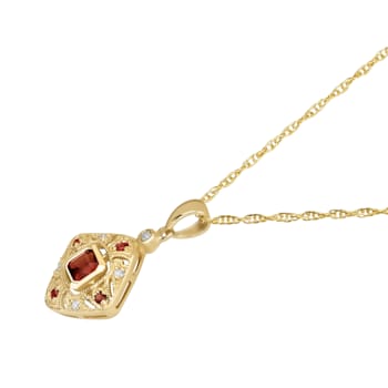 10k Yellow Gold Vintage Style Garnet and Diamond Pendant With Chain