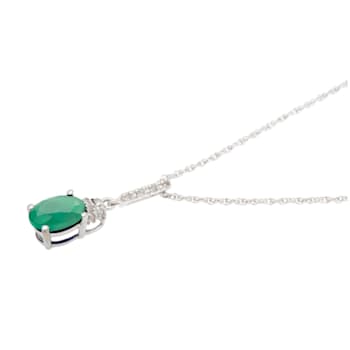 10k White Gold Oval Emerald and Diamond Pendant With Chain