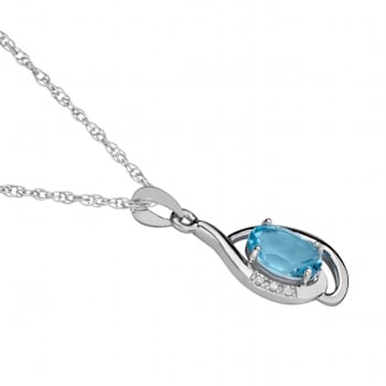 10k White Gold Genuine Oval Blue Topaz and Diamond Pendant With Chain