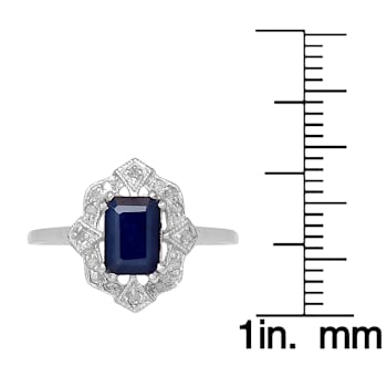 10k White Gold Vintage Style Genuine Emerald-Cut Sapphire and Diamond Ring