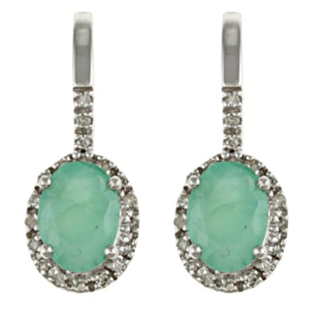 10K White Gold Emerald and Diamond Halo Earrings
