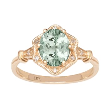 10k Yellow Gold Vintage Style Genuine Oval Prasiolite and Diamond Halo Ring