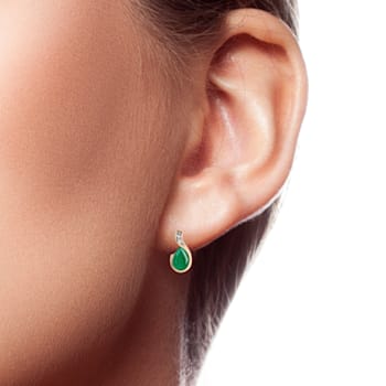 10K Yellow Gold Pear Shape Emerald and Diamond Earrings