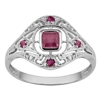 10k White Gold Vintage Style Genuine Ruby and Diamond Ring