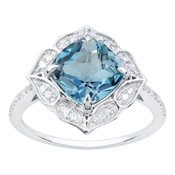 10k White Gold Vintage Style Cushion Blue Topaz and Diamond Ring