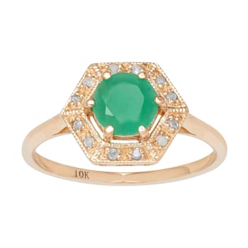 10k Yellow Gold Vintage Style Genuine Round Emerald and Diamond Halo Ring