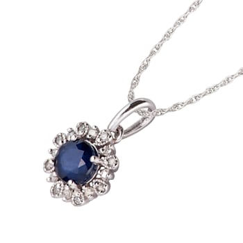 10k White Gold Genuine Round Sapphire and Diamond Vintage Style Halo
Pendant With Chain
