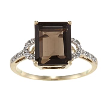 10k Yellow Gold Emerald-Shape Smoky Quartz and Diamond Ring
