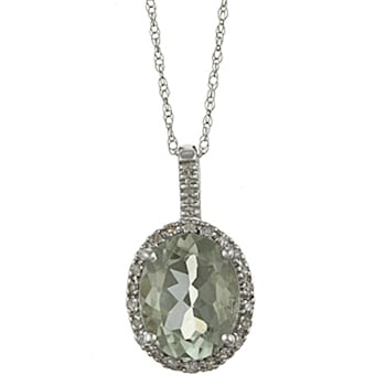 10k White Gold Oval Prasiolite and Diamond Halo Pendant With Chain