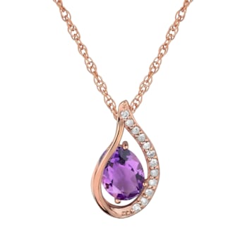 10k Rose Gold Genuine Oval Amethyst and Diamond Halo Drop Pendant With Chain