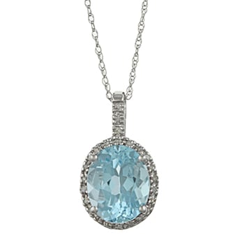 10k White Gold Oval Blue Topaz and Diamond Halo Pendant With Chain