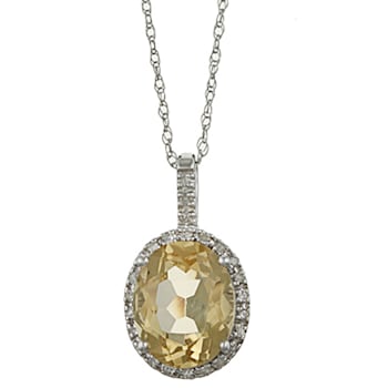 10k White Gold Oval Citrine and Diamond Halo Pendant With Chain