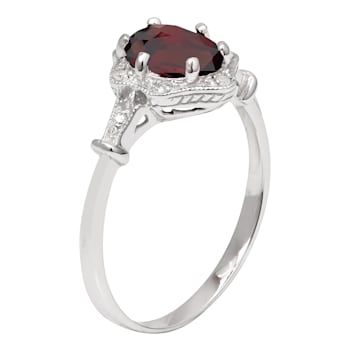 10k White Gold Vintage Style Genuine Oval Garnet and Diamond Halo Ring