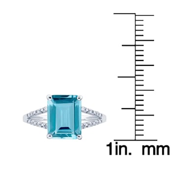 10k White Gold Genuine Emerald-Cut Blue Topaz and Split-Shank Diamond Ring