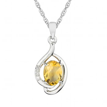 10k Yellow Gold Genuine Oval Citrine and Diamond Pendant With Chain