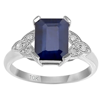 10k White Gold Vintage Style Genuine Emerald-Cut Sapphire and Diamond Ring