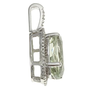 10k White Gold Oval Prasiolite and Diamond Halo Pendant With Chain