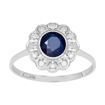 10k White Gold Vintage Style Genuine Round Sapphire and Diamond Halo Ring