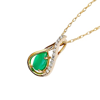 10k Yellow Gold Genuine Pear-shape Emerald and Diamond Halo Drop Pendant
With Chain