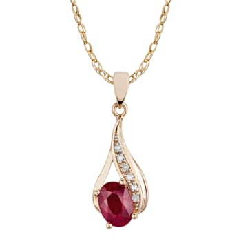 10k Yellow Gold Genuine Oval Ruby and Diamond Drop Pendant With Chain