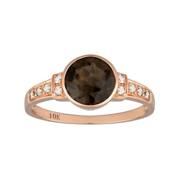 10k Rose Gold Vintage Style Genuine Round Smoky Quartz and Diamond Ring