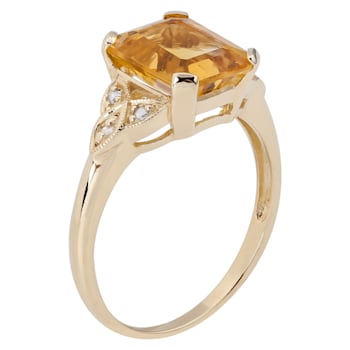 10k Yellow Gold Vintage Style Genuine Emerald-Cut Citrine and Diamond Ring