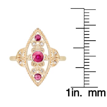 10k Yellow Gold Antique Style Genuine Round Ruby and Diamond Ring