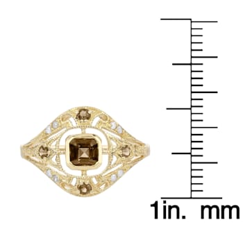 10k Yellow Gold Vintage Style Genuine Smoky Quartz and Diamond Ring