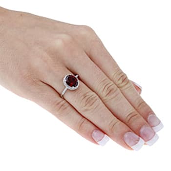 10k White Gold Oval Garnet and Diamond Halo Ring