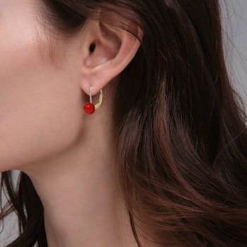 14K Gold Dyed Red Coral Ball Drop Leverback Earrings