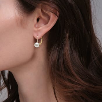 14K Gold 8mm AAA Freshwater Pearl Drop Leverback Earrings