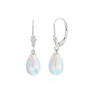 14K Solid Yellow Gold Lab Created White Rainbow Opal Teardrop Earrings