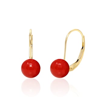 14K Gold Dyed Red Coral Ball Drop Leverback Earrings